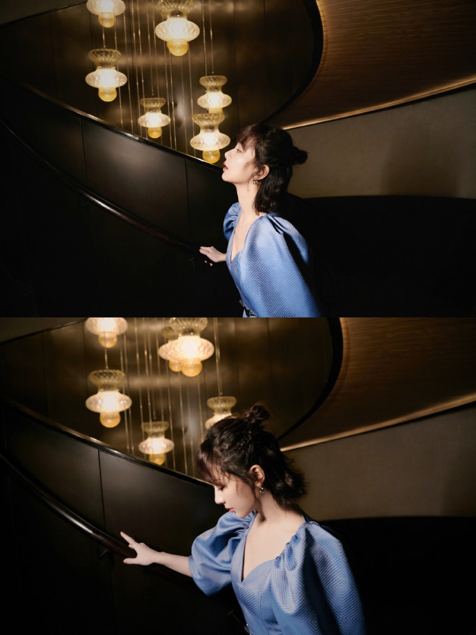 杨紫蓝色提花廓形裙温婉优雅写真  第2张