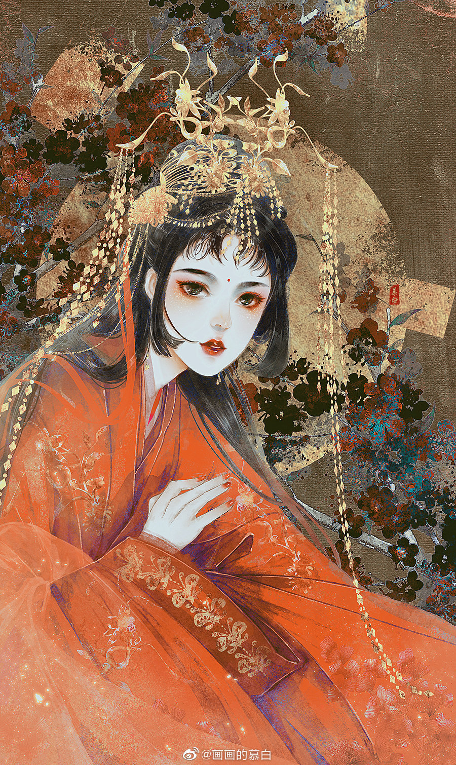 古风美人，唯美古风美人手绘插画美图，绘师画画的慕白作品  第1张