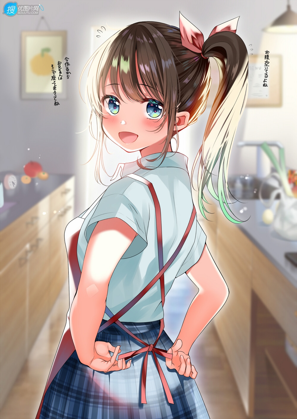 亲自下厨做饭的二次元制服围裙装动漫美少女高清插画图片