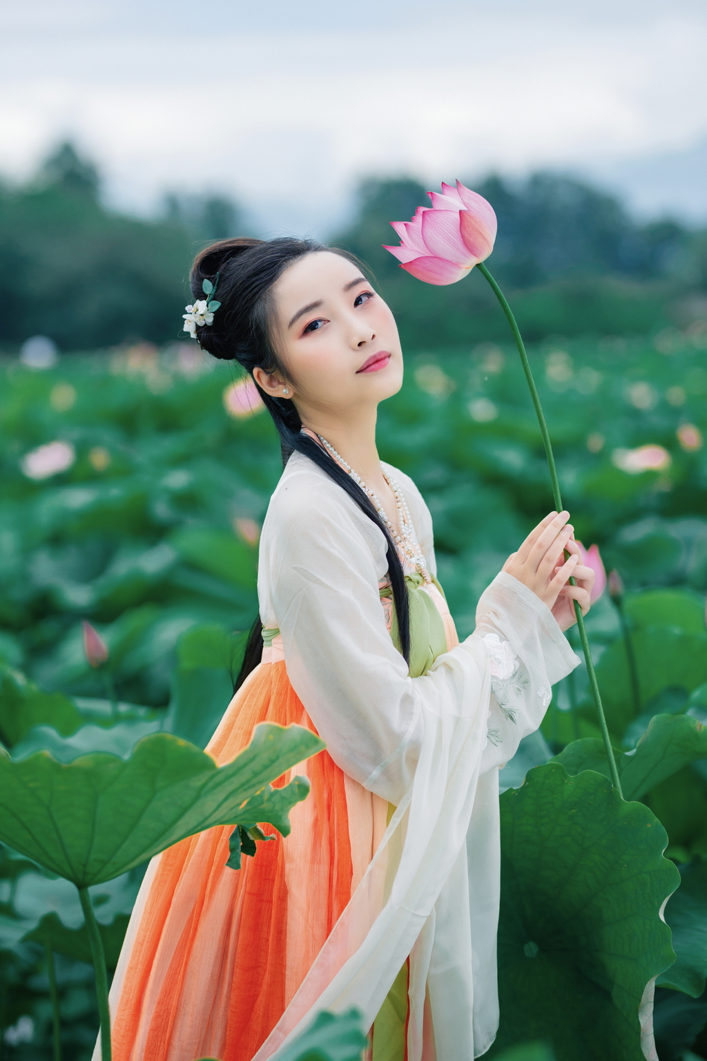 高清古装美女及腰长发婀娜身姿摇曳裙摆荷塘写真  第8张