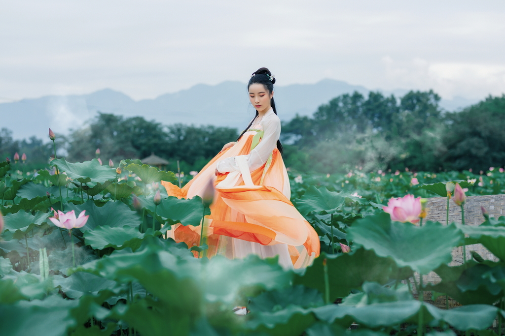 高清古装美女及腰长发婀娜身姿摇曳裙摆荷塘写真  第9张