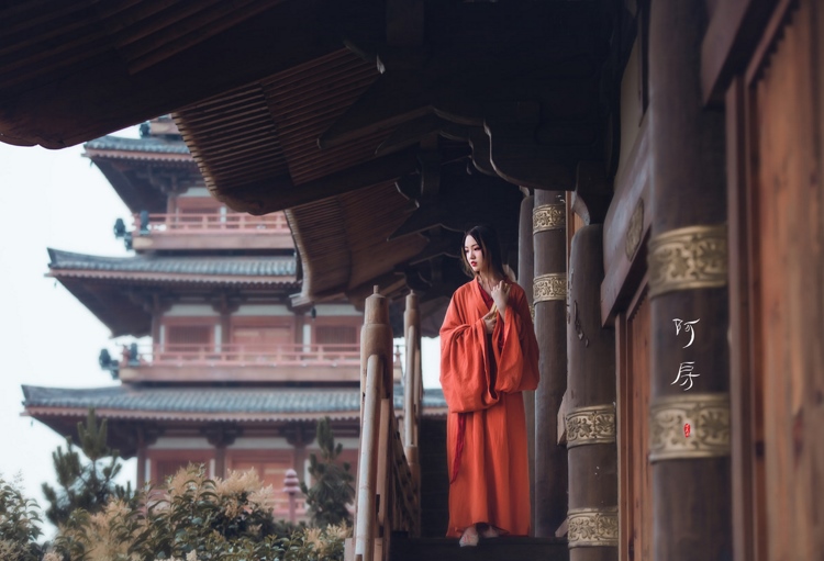 红衣古装双马尾美女大小姐优雅花海香艳写真图片  第1张