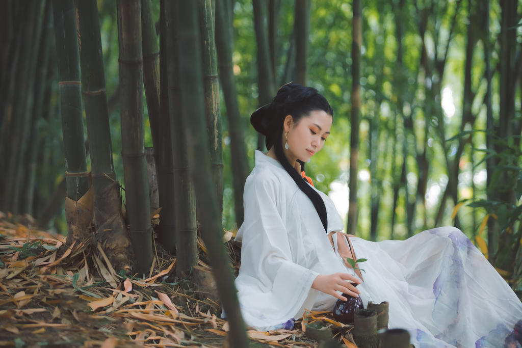 白衣古装美女英姿飒爽竹林写真  第2张