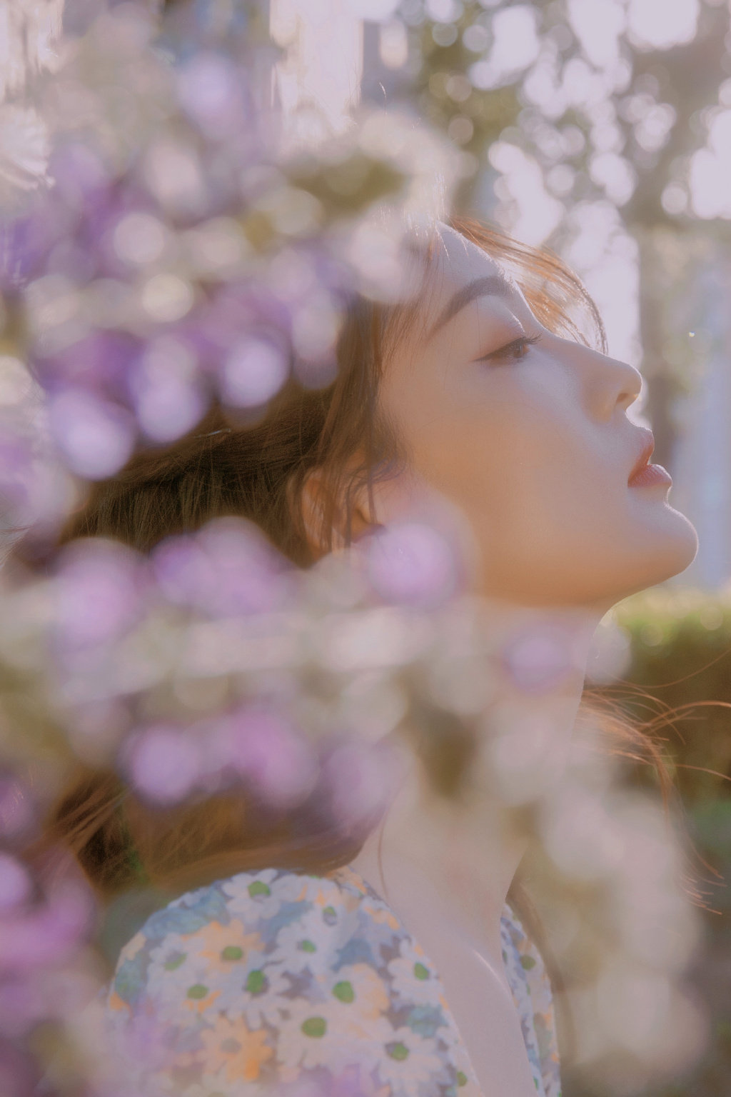 李沁户外唯美写真照 身着紫色碎花裙，薰衣草弥漫着清香港夏日气息~ ​​​​  第2张