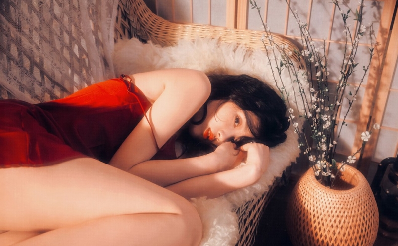 沙发美女吊带红裙白嫩肌肤写真  第4张