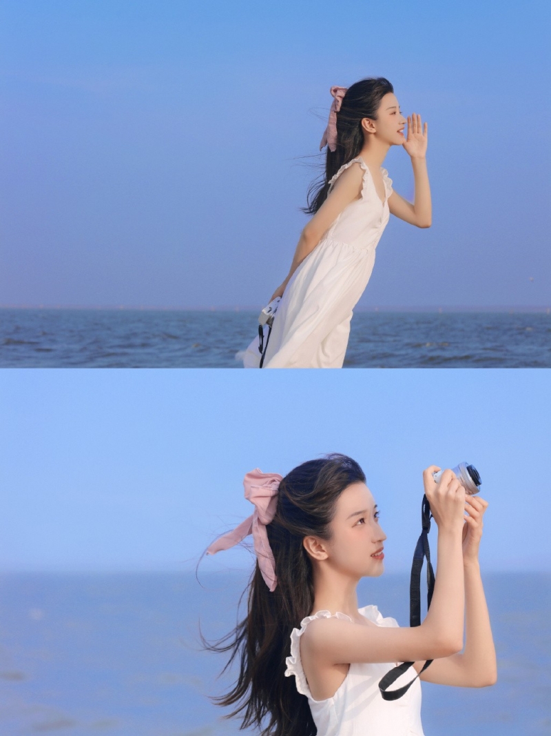 海边美女吊带白裙长发飘飘写真  第3张