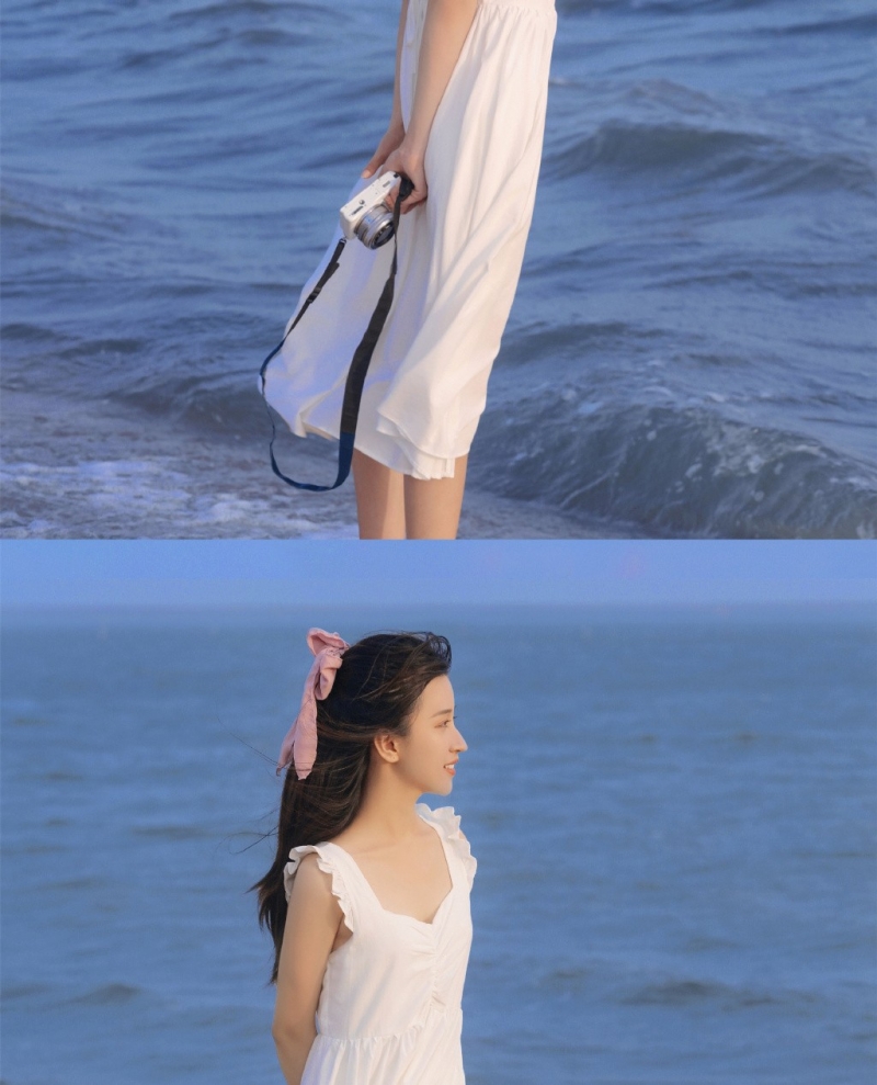 海边美女吊带白裙长发飘飘写真  第8张