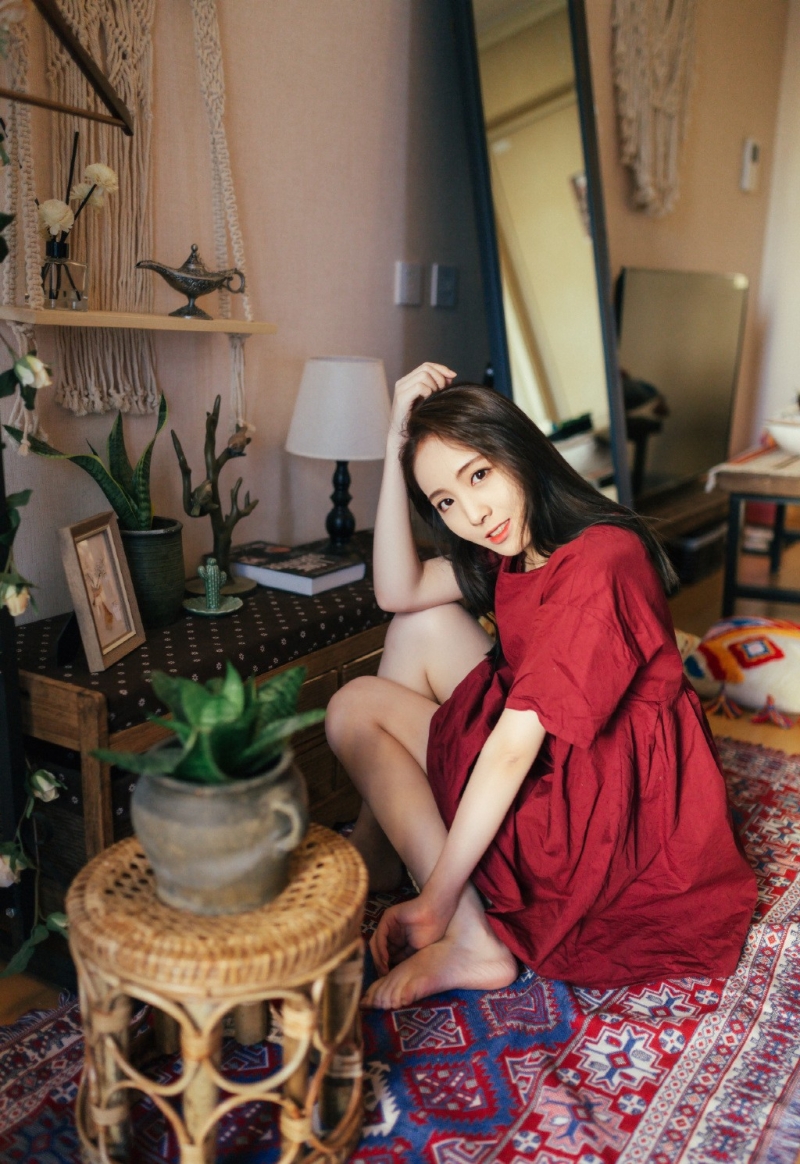 红裙美女美腿玉足室内个人写真  第2张