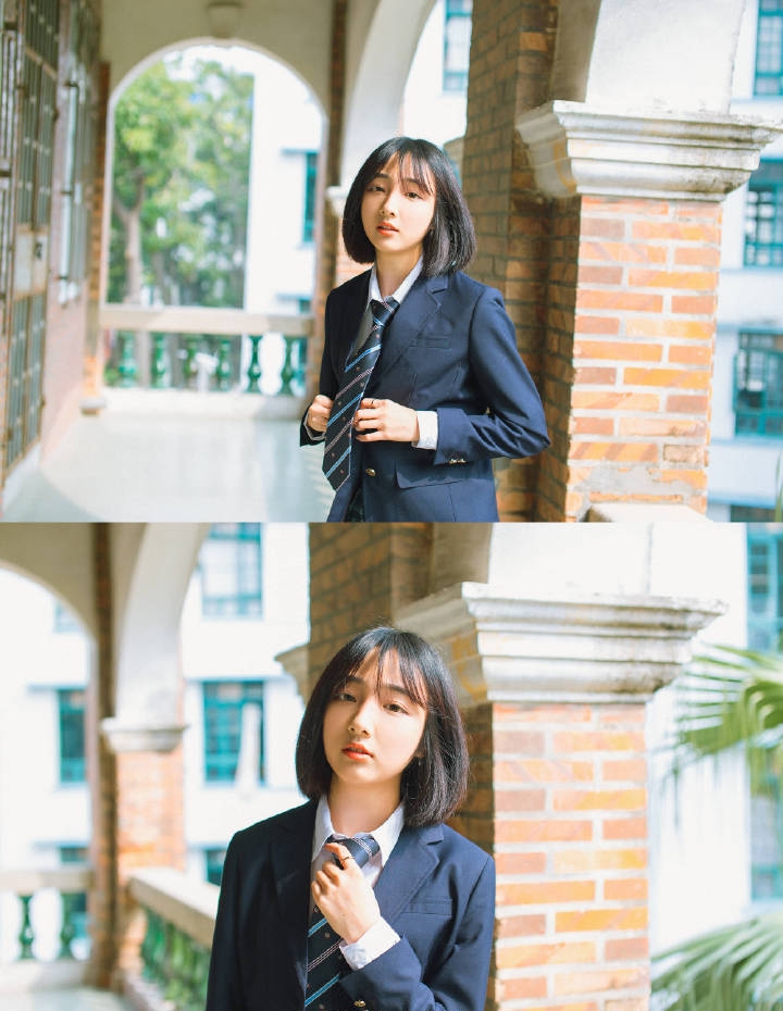 校园女神齐肩短发学生制服写真  第5张