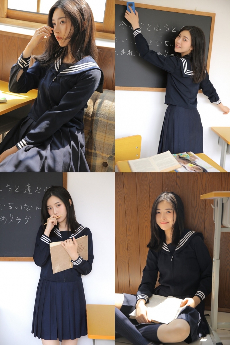 长发学生妹日系JK制服教室写真  第2张
