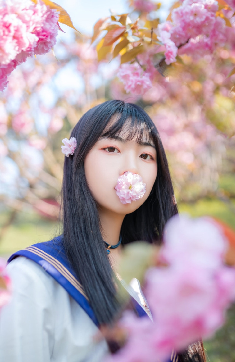 制服美女校花樱花树下唯美写真  第3张