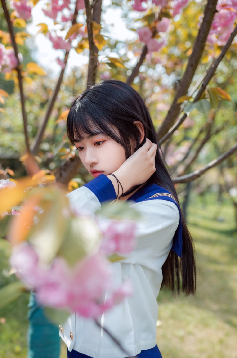 制服美女校花樱花树下唯美写真  第7张