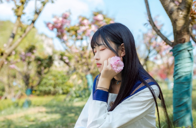 制服美女校花樱花树下唯美写真  第9张