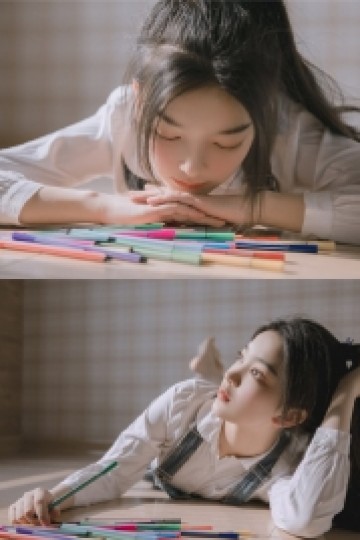 高马尾美眉牛仔背带裤室内美图