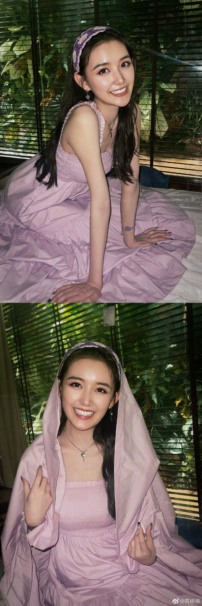 蒋依依穿紫裙晒随拍美照 捧脸灿笑甜美可爱  第2张
